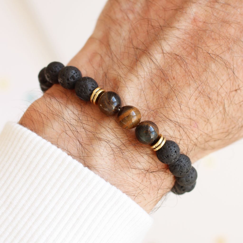 Pulsera elástica unisex de piedras volcánicas redondas de color negro