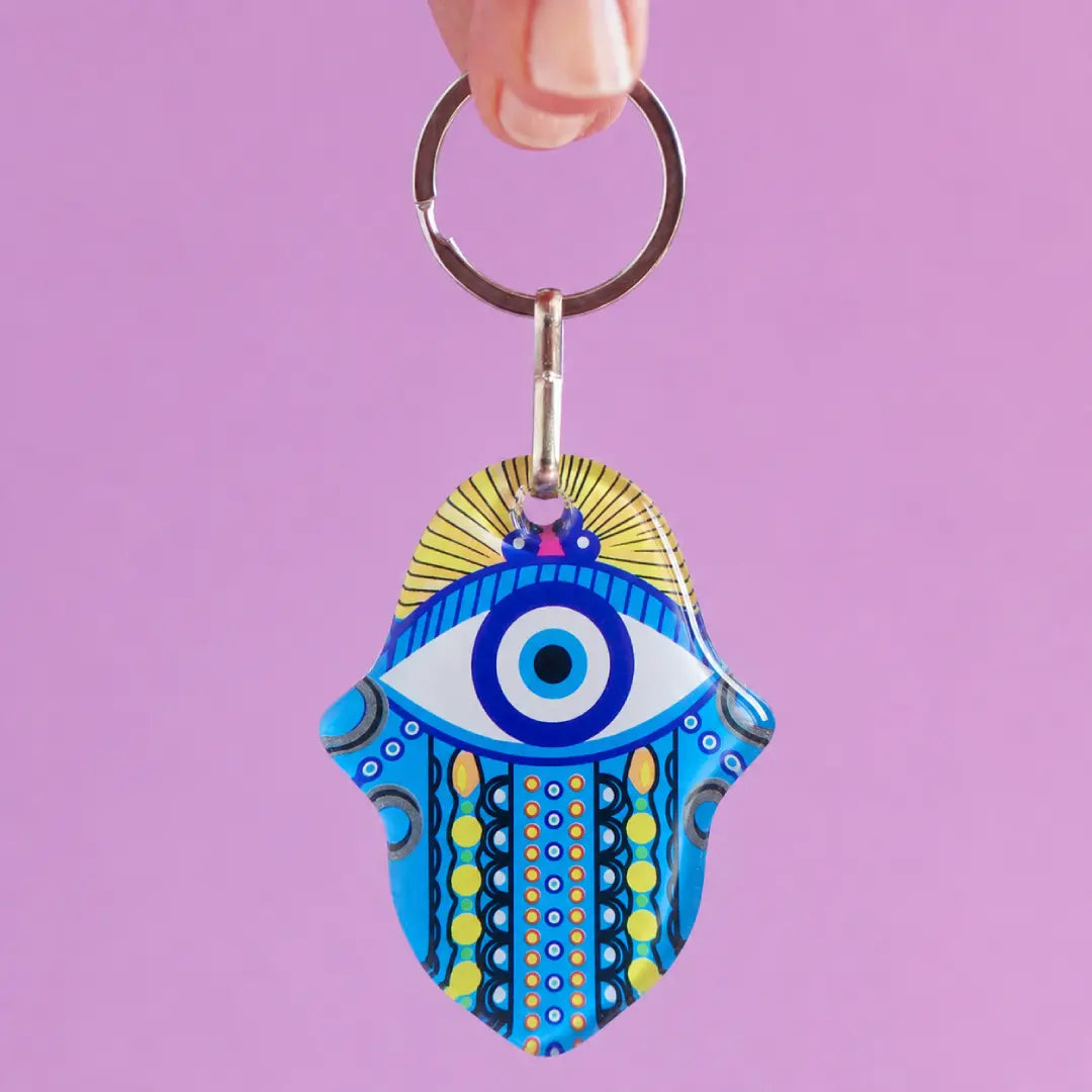 Llavero de vidrio de Mano de Fátima con ojo turco - Caja regalo para enviar a domicilio de Alegre Treat Boxes