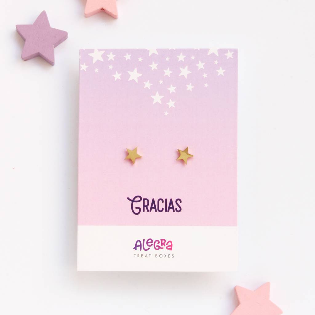 Pendientes de acero dorado en forma de estrella con tarjeta gracias