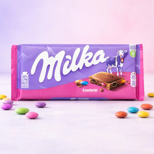 Tableta de cocholate Milka Confetti con grageas de colores para caja regalo de Alegra Treat Boxes
