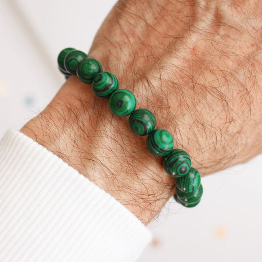Pulsera elástica de piedras redondas de malaquita para hombre