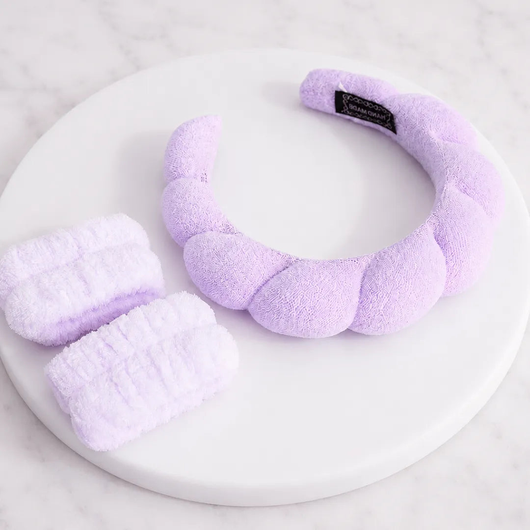 Diadema de Felpa Lila para Maquillaje y 2 Muñequeras