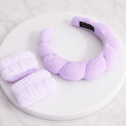 Diadema de Felpa Lila para Maquillaje y 2 Muñequeras