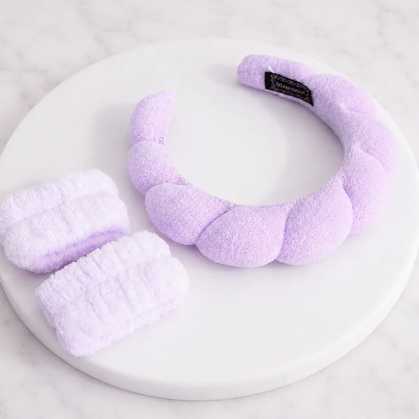 Diadema de Felpa Lila para Maquillaje y 2 Muñequeras