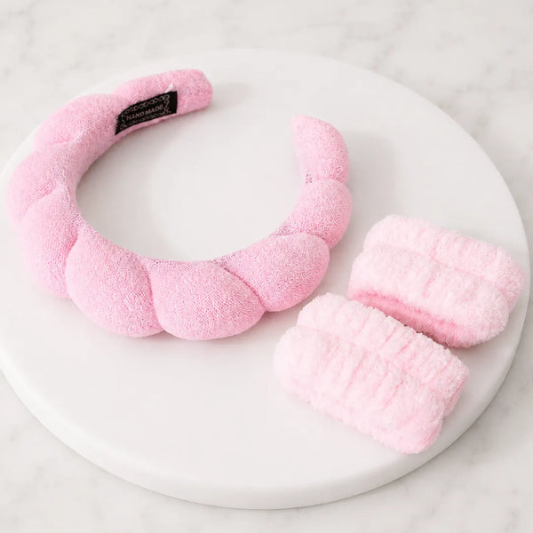 Diadema de Felpa Rosa para Maquillaje con 2 Muñequeras