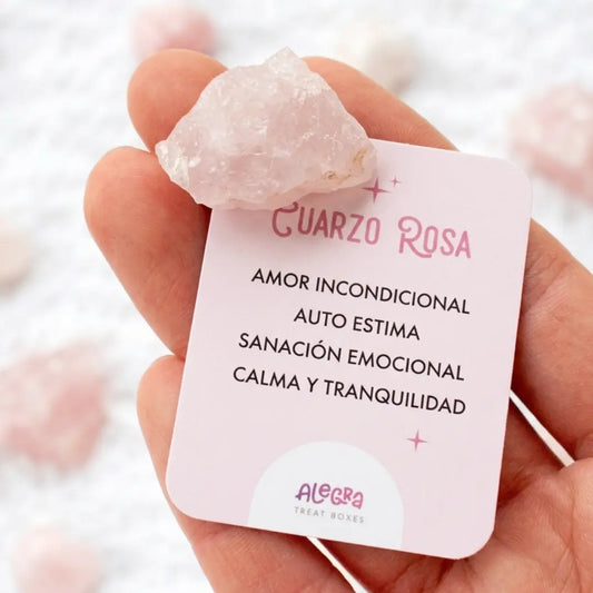 Piedra natural de cuarzo rosa con tarjeta para incluir en caja regalo de Alegra Treat Boxes